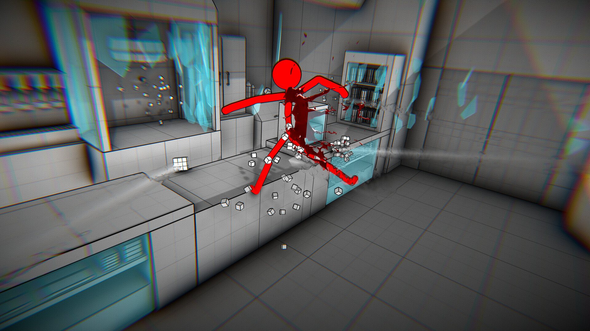 A red stick figure is hit in a gray arena with blue glass shards